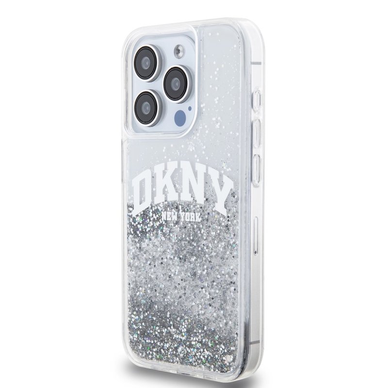 DKNY Liquid Glitter Arch Logo hátlap iPhone 15 Pro-hoz Átlátszó