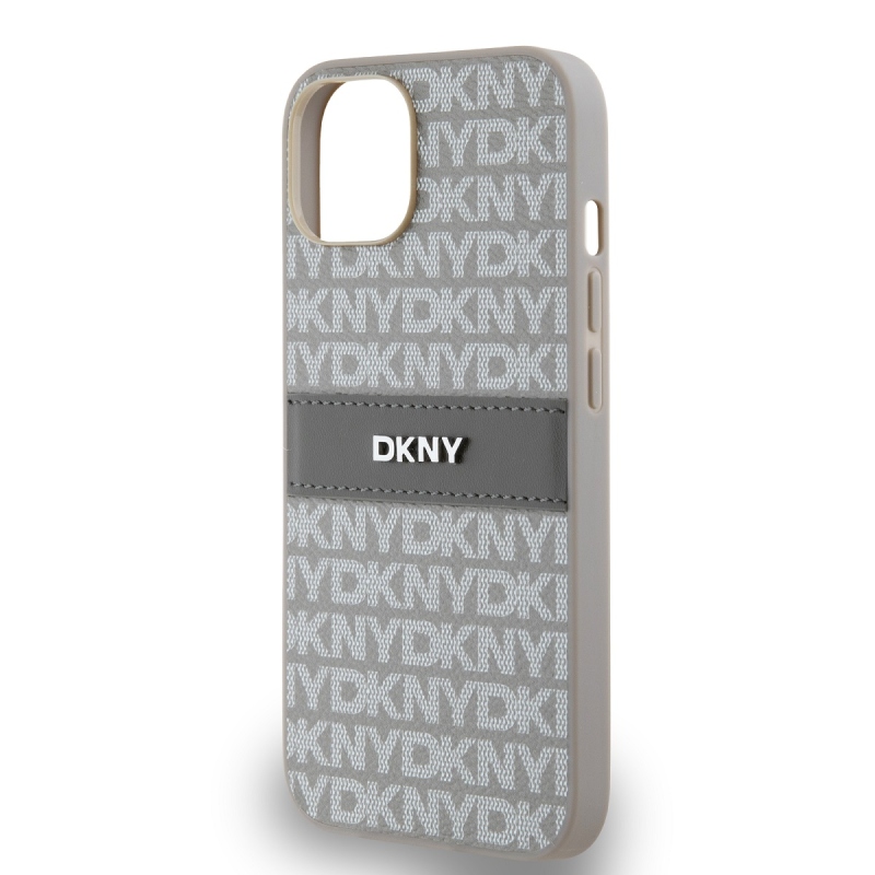 DKNY PU bőr ismétlődő mintás tonális csíkos hátlapi borító iPhone 14 bézs színű készülékhez