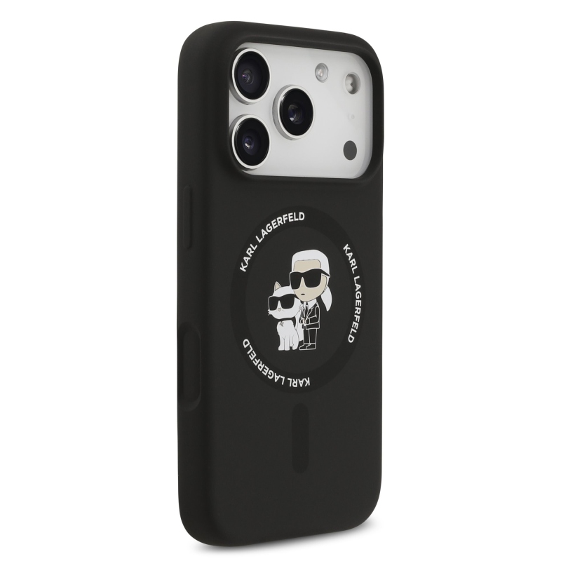Karl Lagerfeld Folyékony szilikon Karl és Choupette MagSafe hátlap iPhone 17 Pro-hoz Fekete