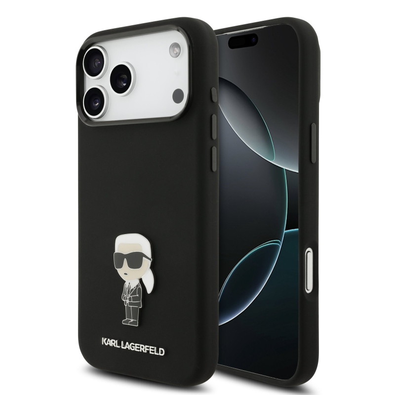 Karl Lagerfeld Folyékony szilikon fém Ikonik hátlap iPhone 17 Pro Max-hoz Fekete