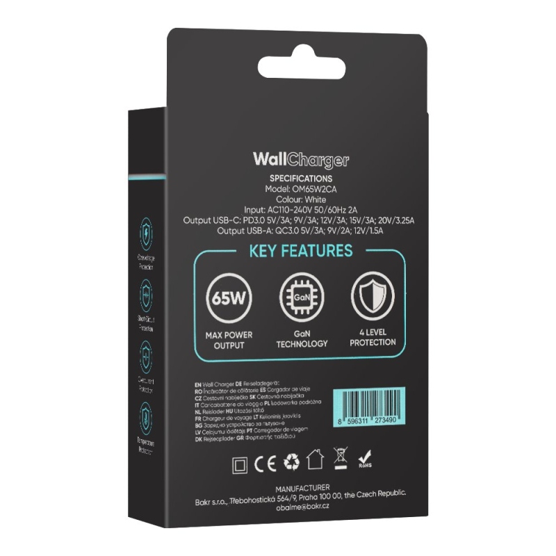 Csomag:ME GaN utazási töltő USB-A + 2xUSB-C 65W Fehér