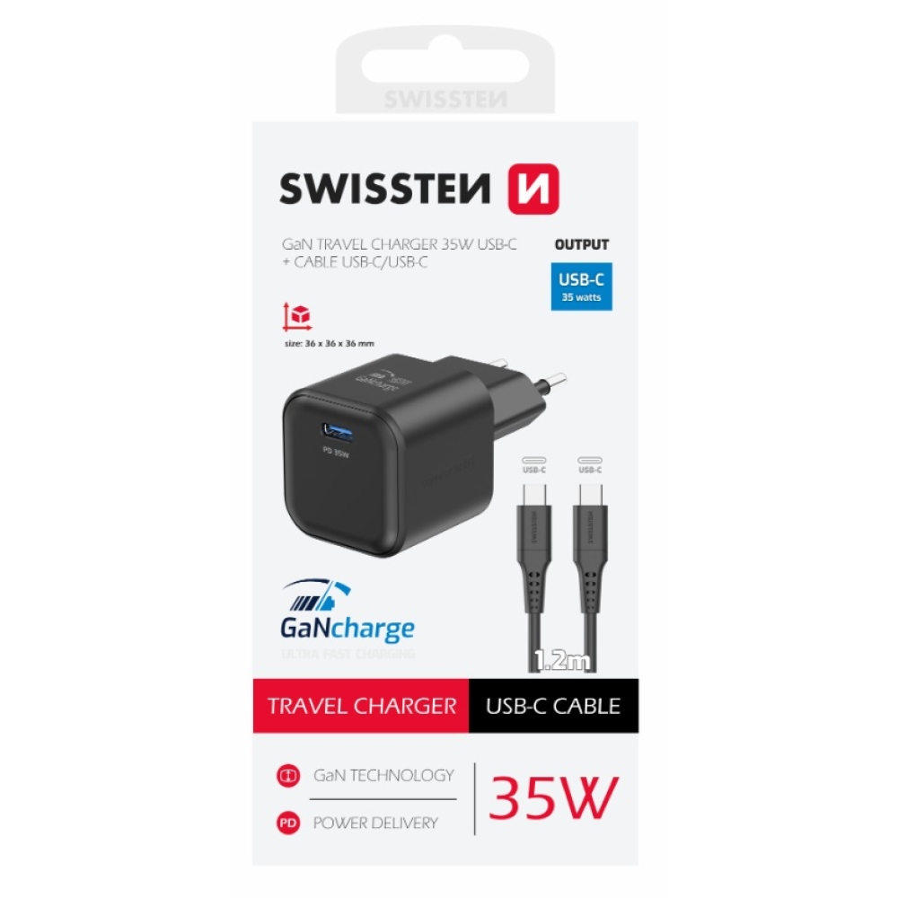 Swissten GaN 1x USB-C 35W-os tápegység töltő + USB-C/USB-C 1,2m kábel - fekete