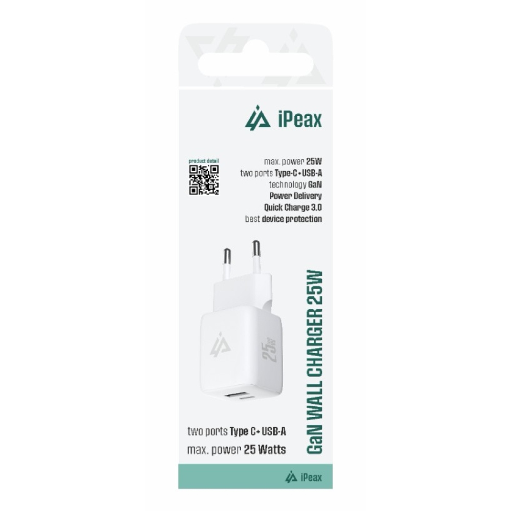 iPEAX GaN 25 W-os hálózati töltő, 1x USB-C és 1x USB-A - fehér