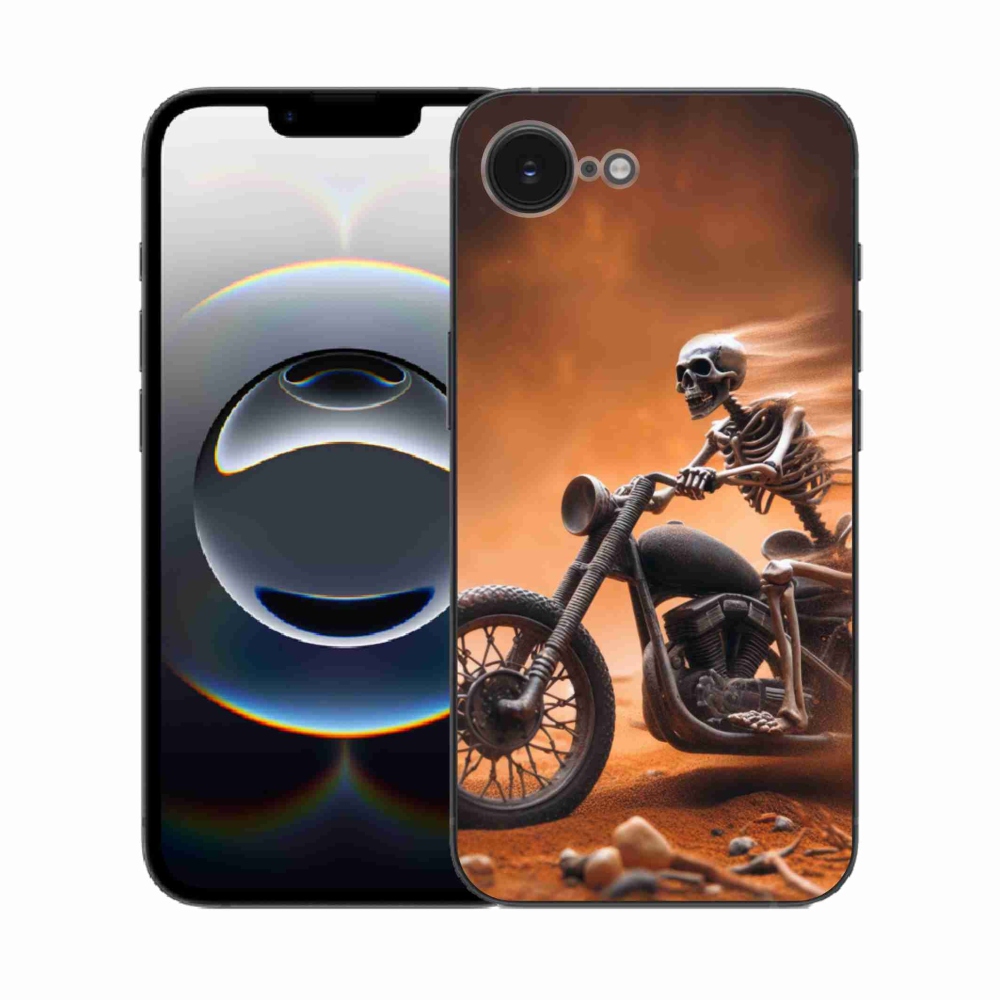 Zselés borítás mmCase iPhone 16e készülékhez - csontváz egy motorkerékpáron