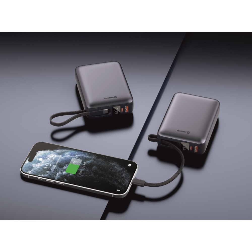 Swissten Powerbank beépített USB-C kábellel, 45W 20000 mAh - ezüst