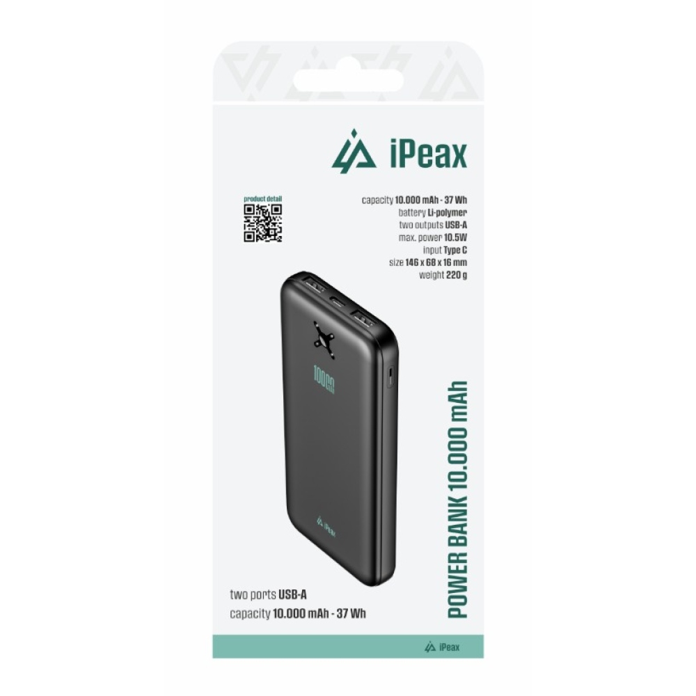 iPEAX Powerbank 10 000 mAh 10,5W, 2xUSB-A - fekete