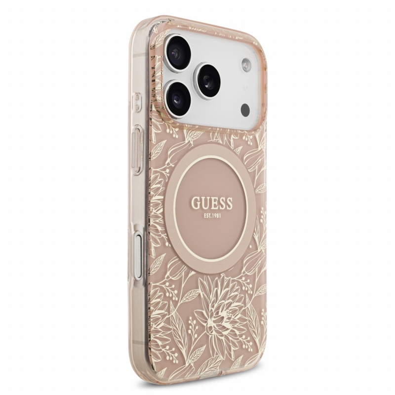 Guess IML Flowers Allover Strap MagSafe hátsó tok iPhone 18 Pro-hoz, rózsaszín