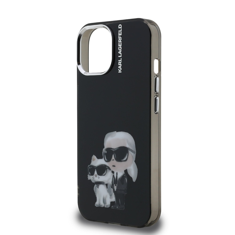 Karl Lagerfeld IML Aquarelle Karl és Choupette hátlapi borító iPhone 15 készülékhez Fekete