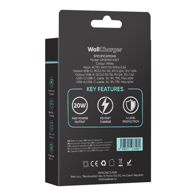 Csomag:ME utazási töltő USB-A + USB-C 20W + 2x kábel 1m Fehér