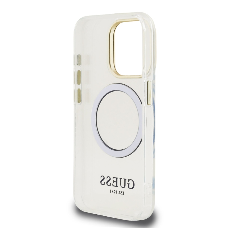 Guess IML Gold Outline Stand Kamera keret MagSafe hátlapi borító iPhone 15 Pro Max átlátszóhoz