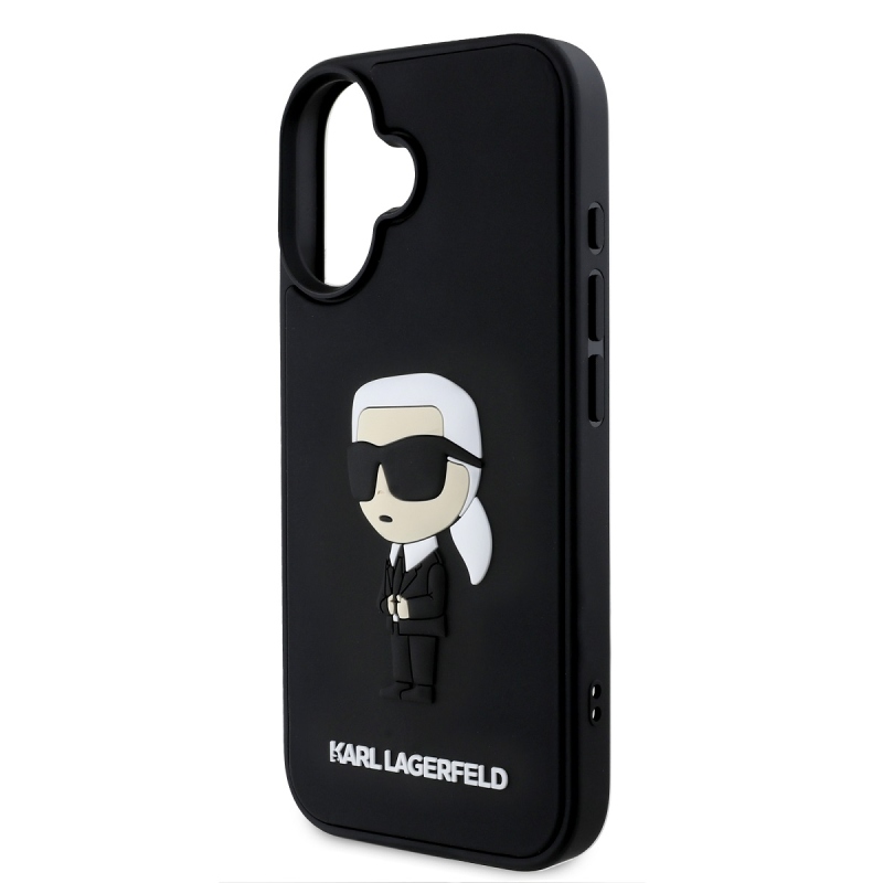 Karl Lagerfeld 3D gumi Ikonik hátlap iPhone 16-hoz Fekete