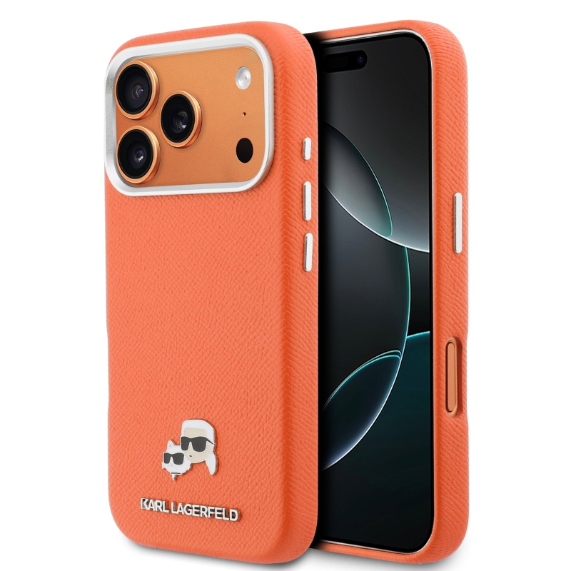 Karl Lagerfeld PU Karl és Choupette fejek tűk MagSafe hátlap iPhone 17 Pro narancssárga borítóhoz