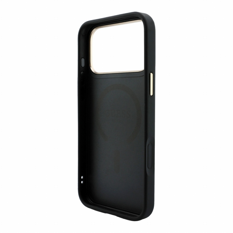 Guess PU bőr 4G aranykeretes, dombornyomott MagSafe hátsó tok iPhone 18 Pro-hoz, fekete