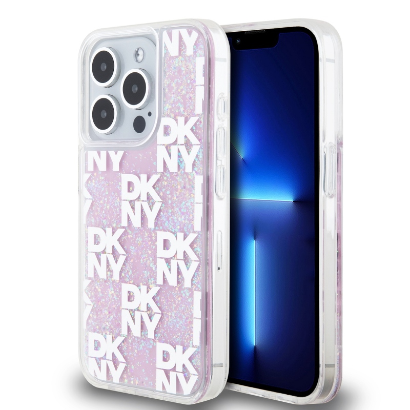 DKNY Liquid Glitter Checkered Pattern hátlapi borító iPhone 15 Pro rózsaszínhez