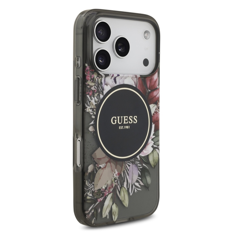 Guess IML Flowers Strap MagSafe hátlapi borító iPhone 17 Pro Fekete