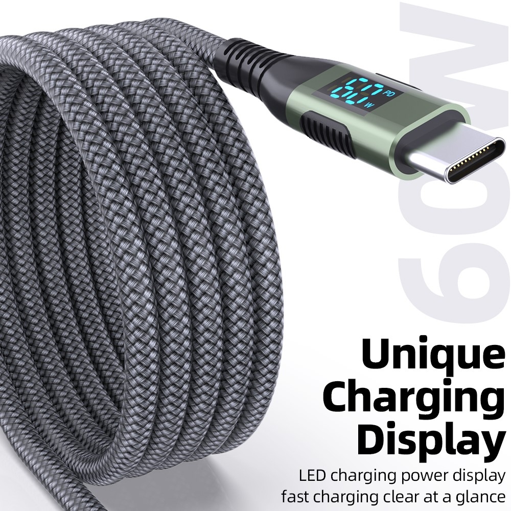 Nejlon USB-C / USB-C kijelzőkábellel 3m 60W - szürke