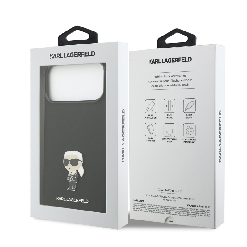 Karl Lagerfeld Folyékony szilikon fém Ikonik hátlap iPhone 17 Pro Max-hoz Fekete