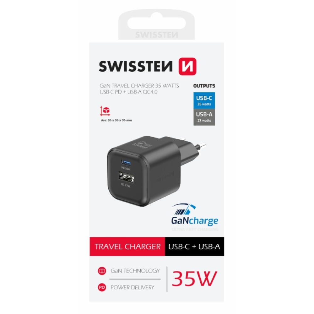 Töltő Swissten GaN 1x USB-C 35W PD + 1x USB-A 27W QC - fekete