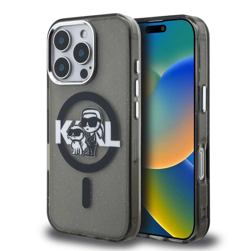 Karl Lagerfeld IML Glitter Karl és Choupette Sketch MagSafe hátlapi borító iPhone 16 Pro-hoz Fekete