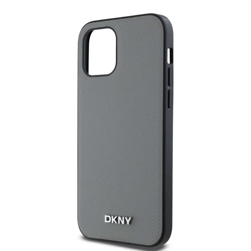DKNY PU bőr ezüst fém logó Magsafe hátlap iPhone 12/12 Pro szürke szürkéhez