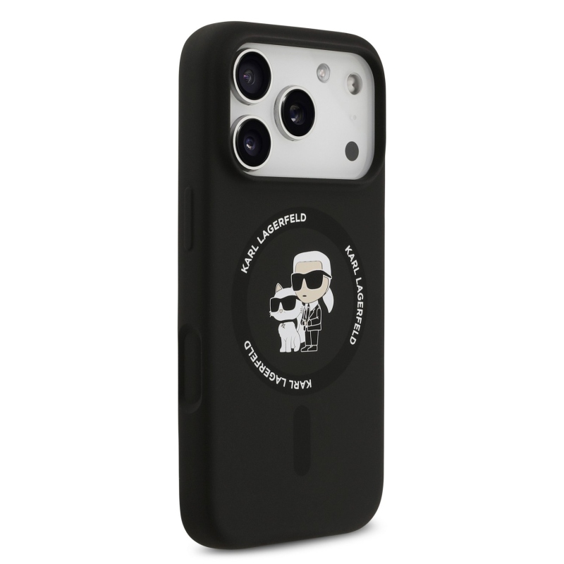 Karl Lagerfeld Liquid Silicone Karl és Choupette MagSafe hátsó tok iPhone 18 Pro Max-hoz, fekete