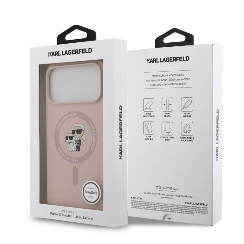 Karl Lagerfeld Liquid Silicone Karl és Choupette MagSafe hátsó tok iPhone 18 Pro Max-hoz, rózsaszín