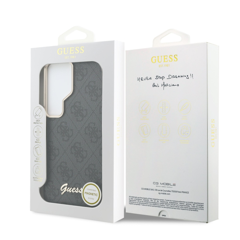Guess PU 4G Script Metal Logo mágneses hátlap Samsung Galaxy S26 Ultra fekete