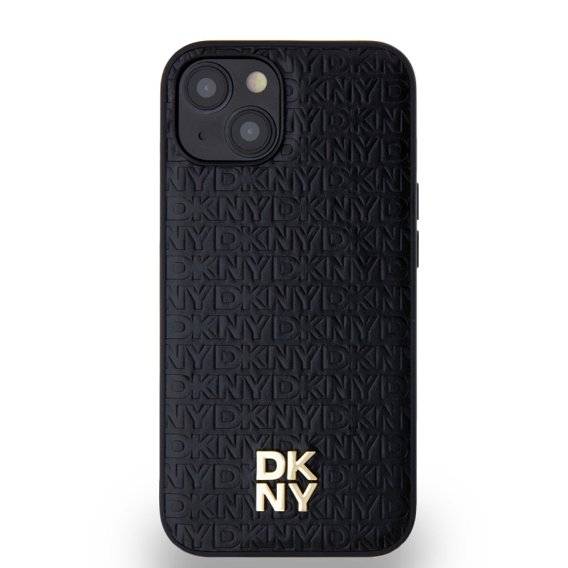 DKNY PU bőr Ismétlődő mintás Stack Logo Magsafe hátlap iPhone 15 Fekete