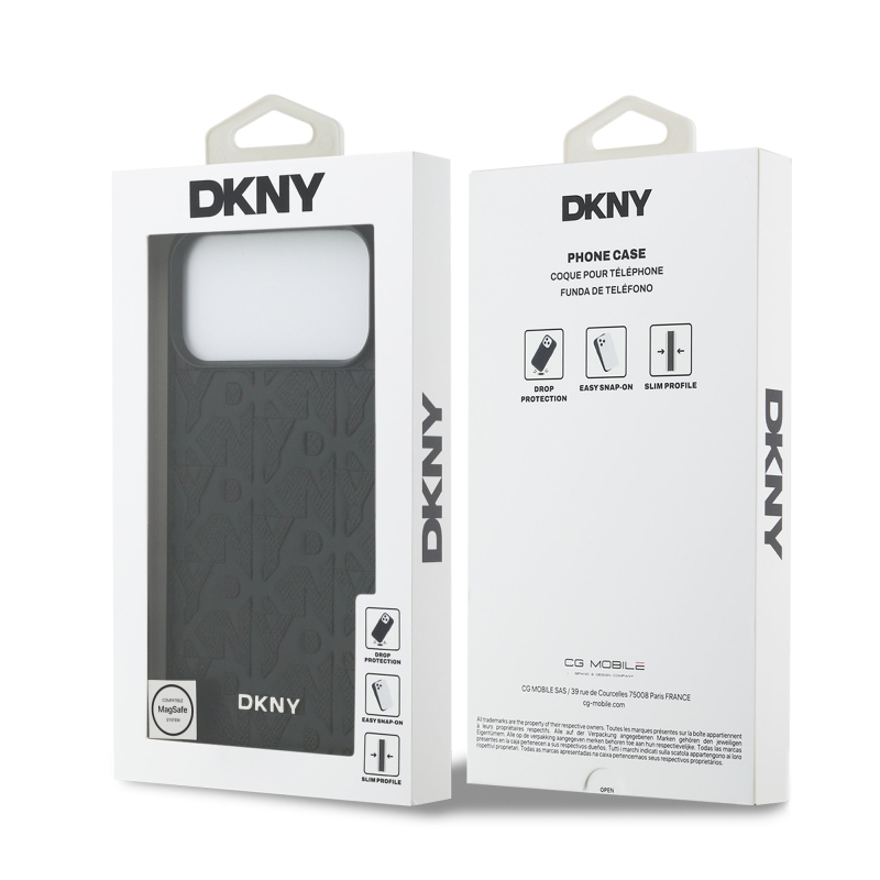 DKNY PU bőr rácsmintás Magsafe hátlap iPhone 17 Pro Max-hoz Fekete
