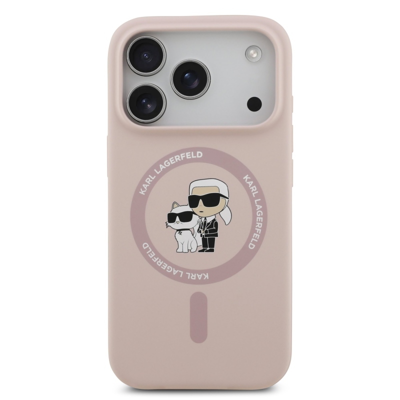 Karl Lagerfeld folyékony szilikon Karl és Choupette MagSafe hátlapi borító iPhone 17 Pro rózsaszínhez