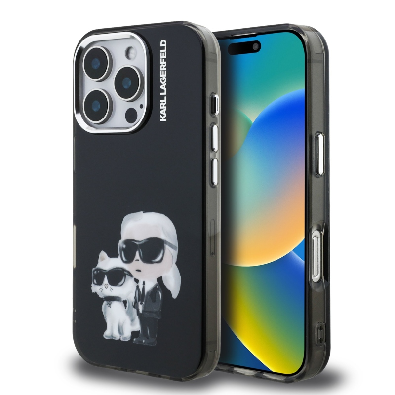 Karl Lagerfeld IML Aquarelle Karl és Choupette hátlapi borító iPhone 16 Pro Max készülékhez Fekete