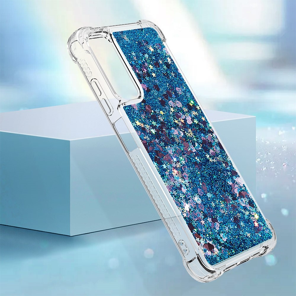 Glitter zselés homokóra hüvely Samsung Galaxy A05s készülékhez - kék/szívek