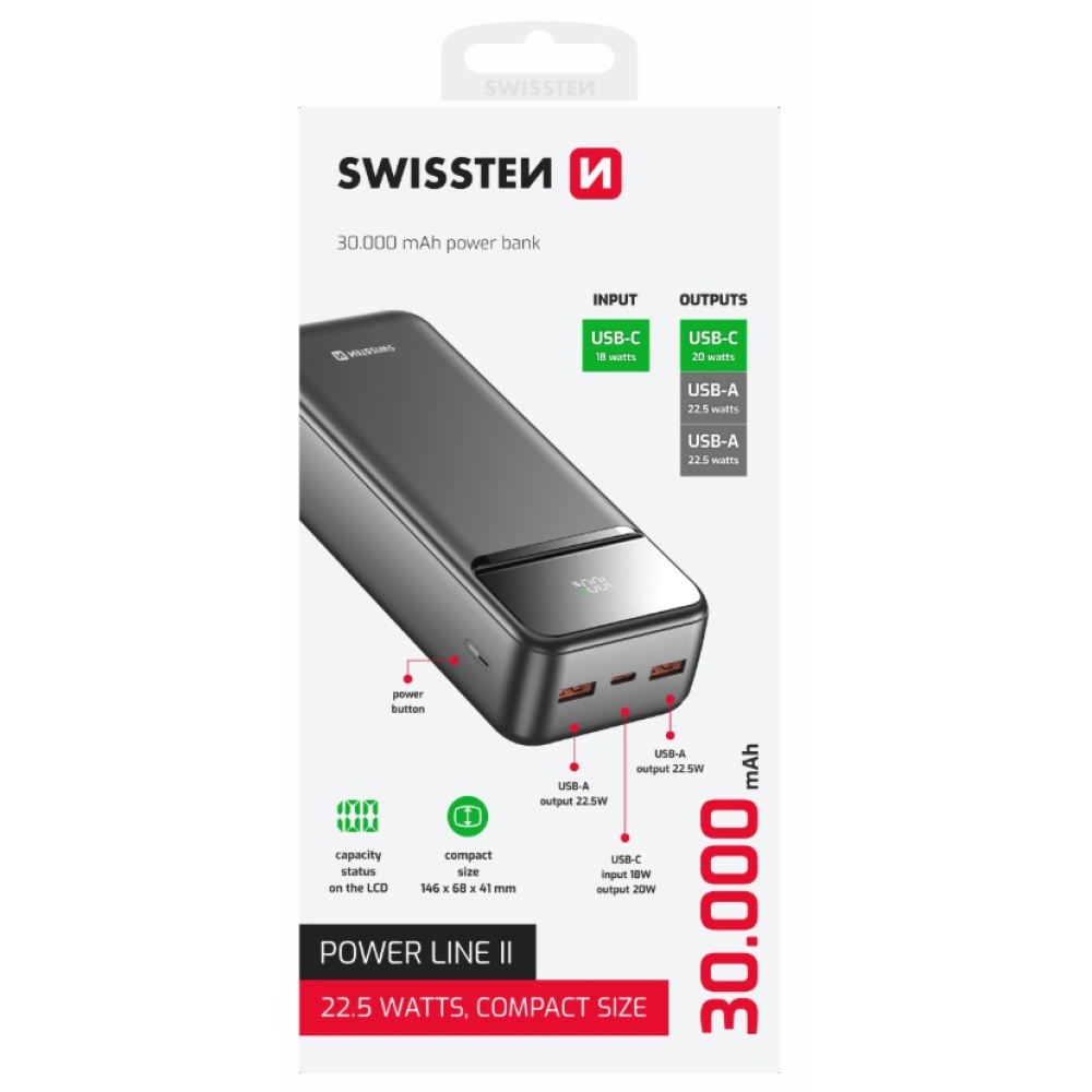 Powerbank Swissten Power Line II 30000 mAh - fekete