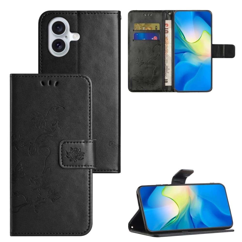 Virágos könyvtáska iPhone 16-hoz - fekete