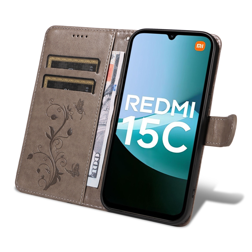 Virágok könyv tok Xiaomi Redmi 15C 4G/5G (173mm) - szürke
