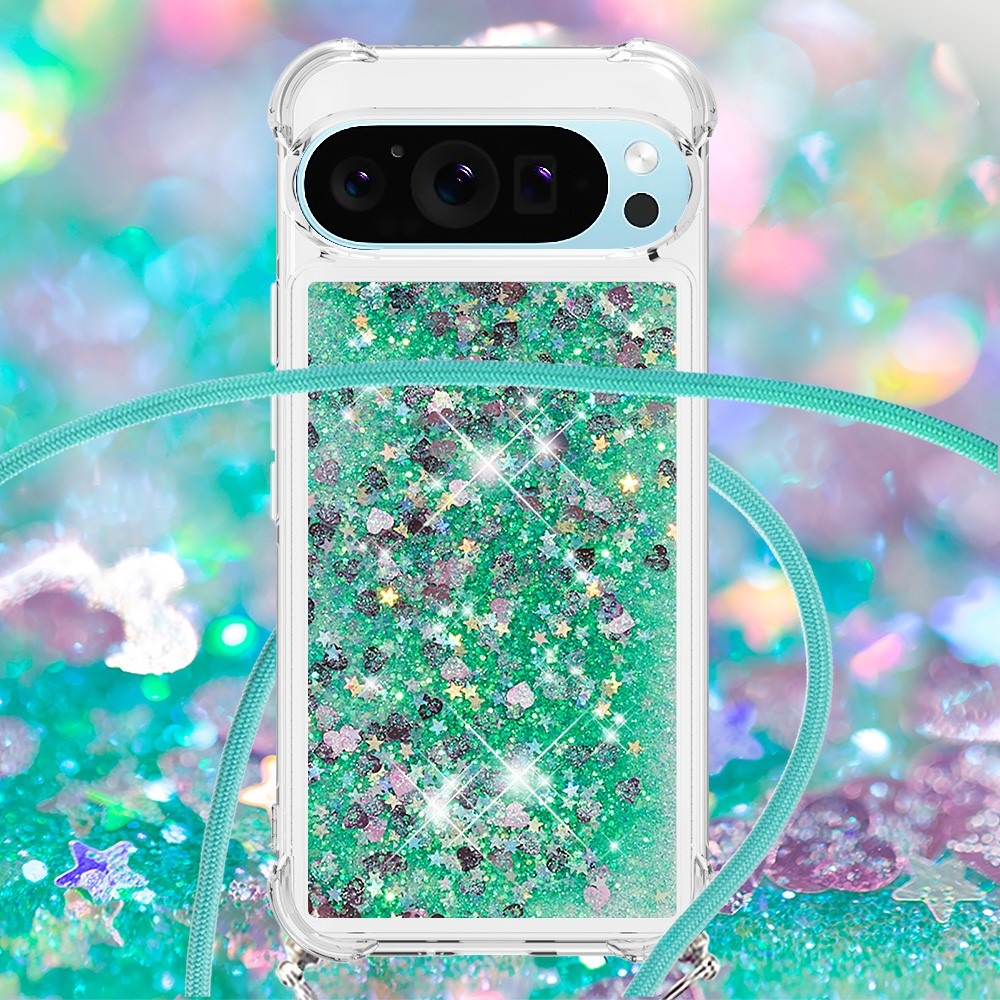 Csillogó homokóra zselés tok zsinórral a Google Pixel 10 Pro/Pixel 10 számára - zöld/szív