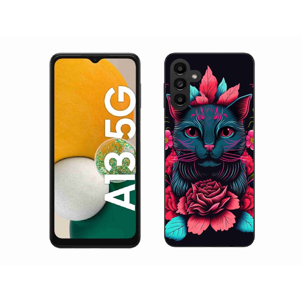Gél borítás mmCase Samsung Galaxy A13 5G - virágok és macska