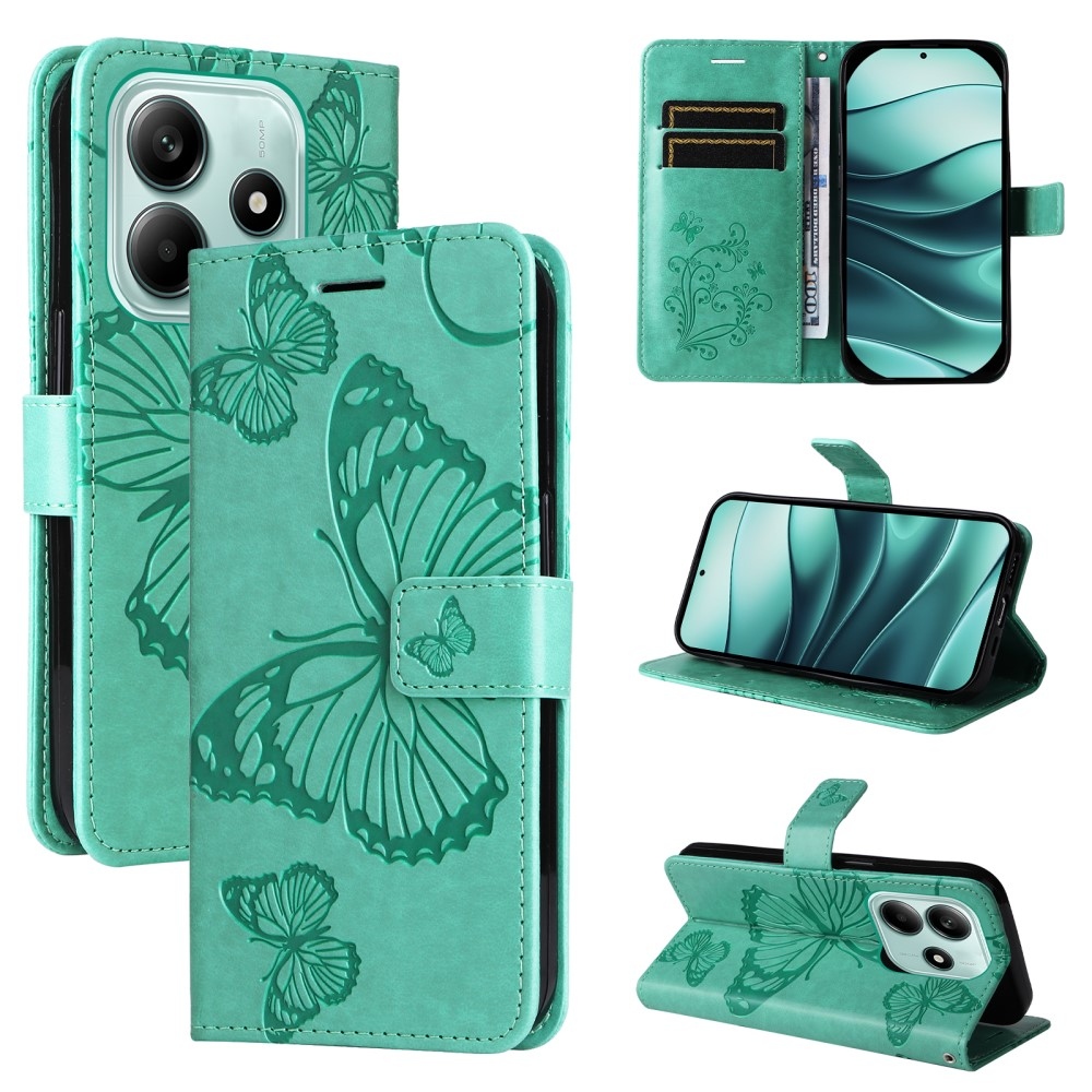 Nagy pillangó könyv tok a Xiaomi Redmi Note 14 5G-hez - teal színű