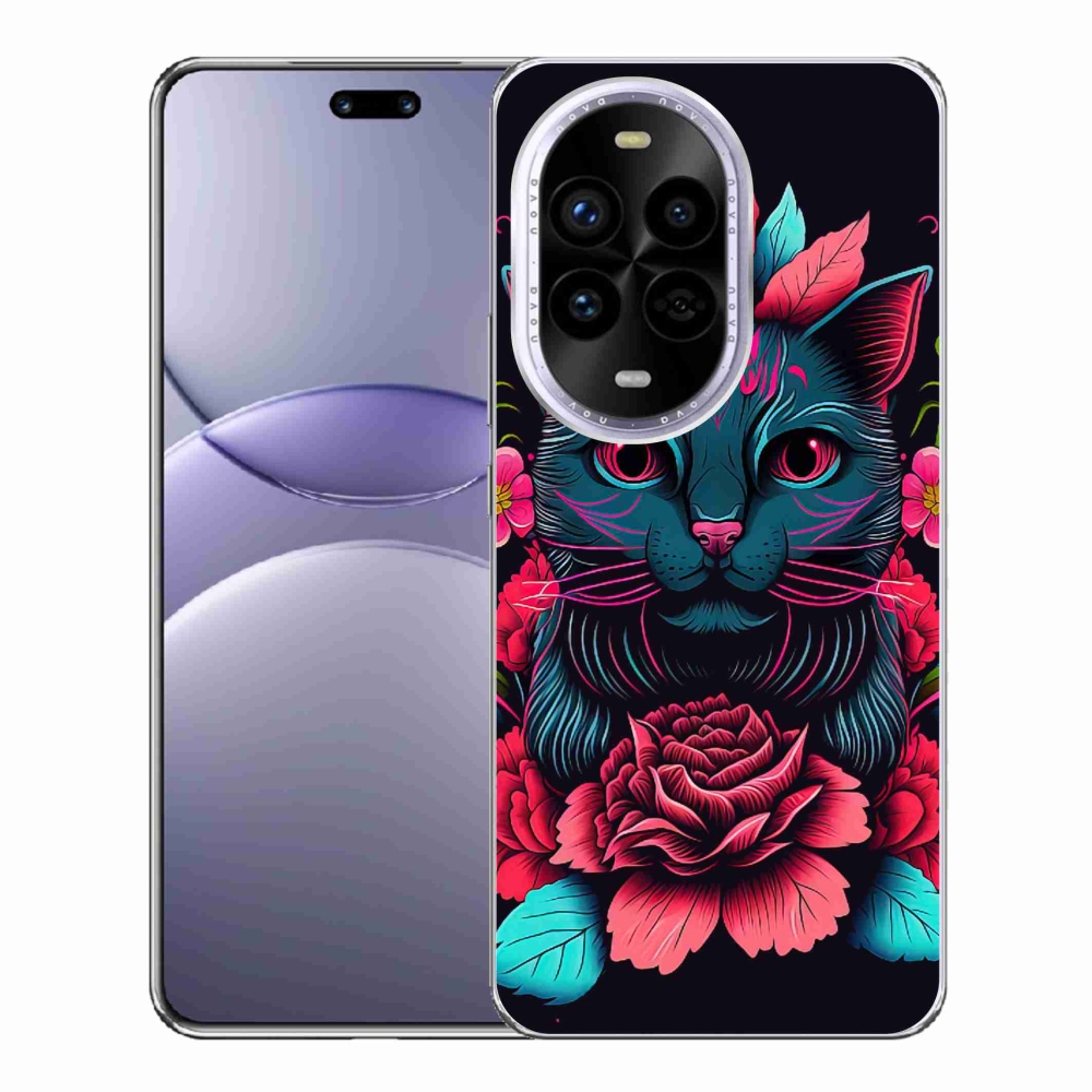 Gél borító mmCase a Huawei Nova 13 Pro 5G-hez - virágok és macska