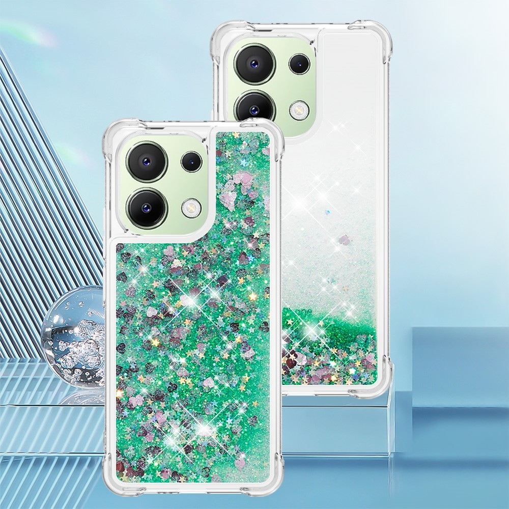 Glitter zselés homokóra tok Xiaomi Redmi Note 13-hoz - zöld/szívek
