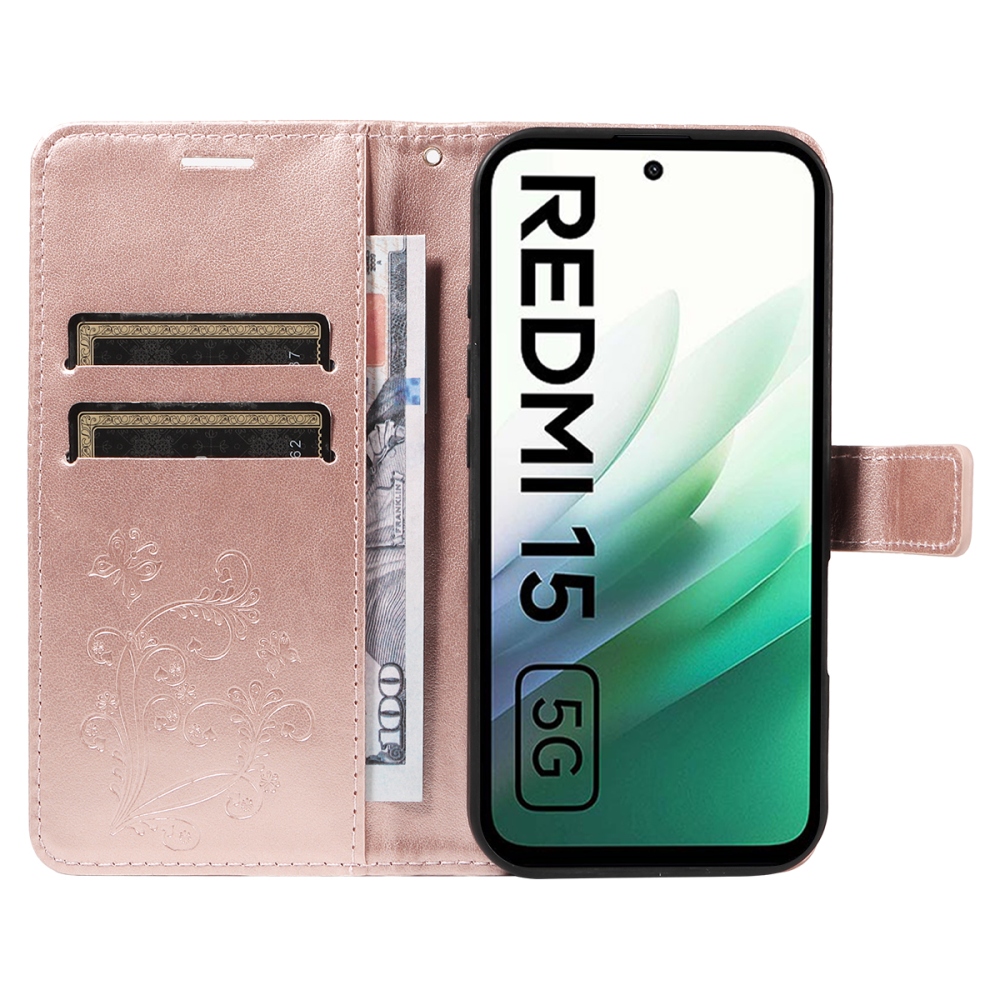 Nagy pillangó könyv tok Xiaomi Redmi 15 4G (171mm) - rózsaarany