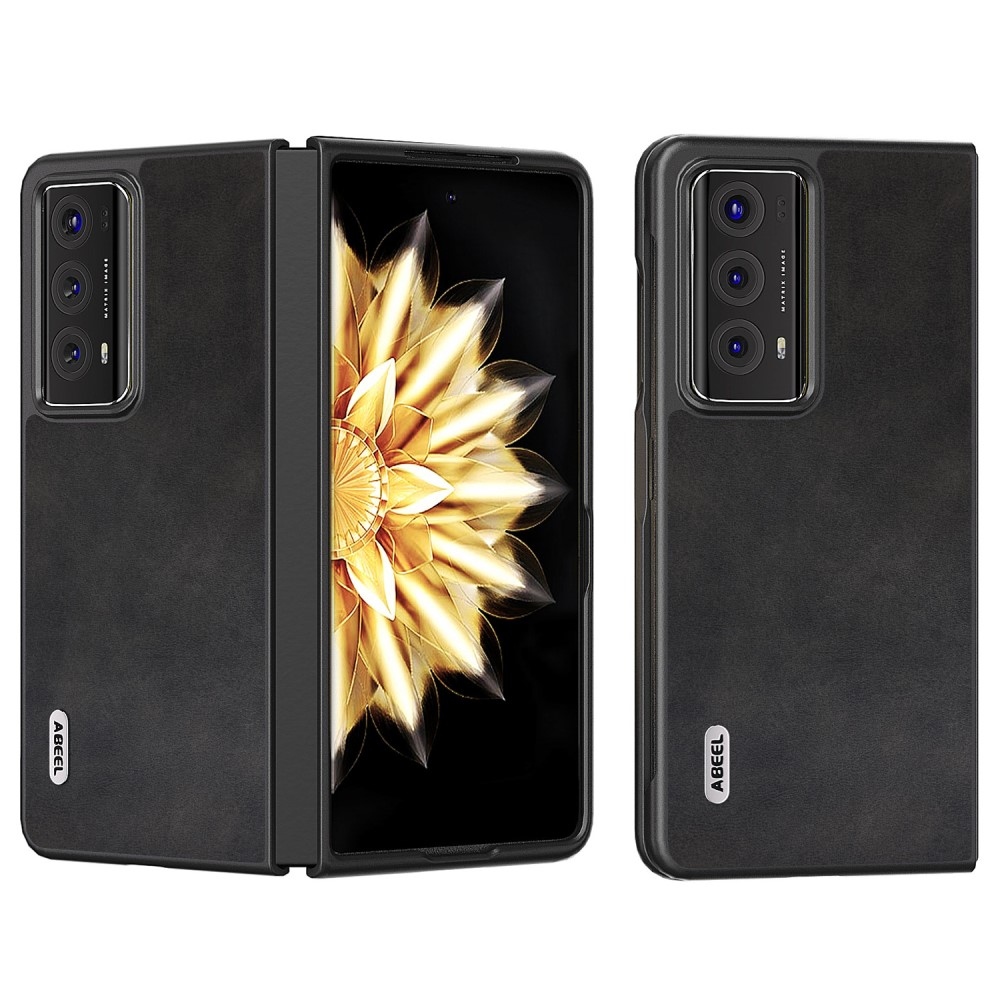 ABEEL Műanyag tok műbőrrel a Honor Magic V2 készülékhez - fekete