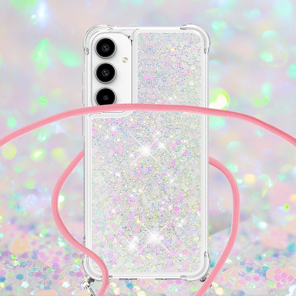 Csillogó homokóra zselés tok zsinórral Samsung Galaxy A56 5G - rózsaszín/ezüst/szívecske