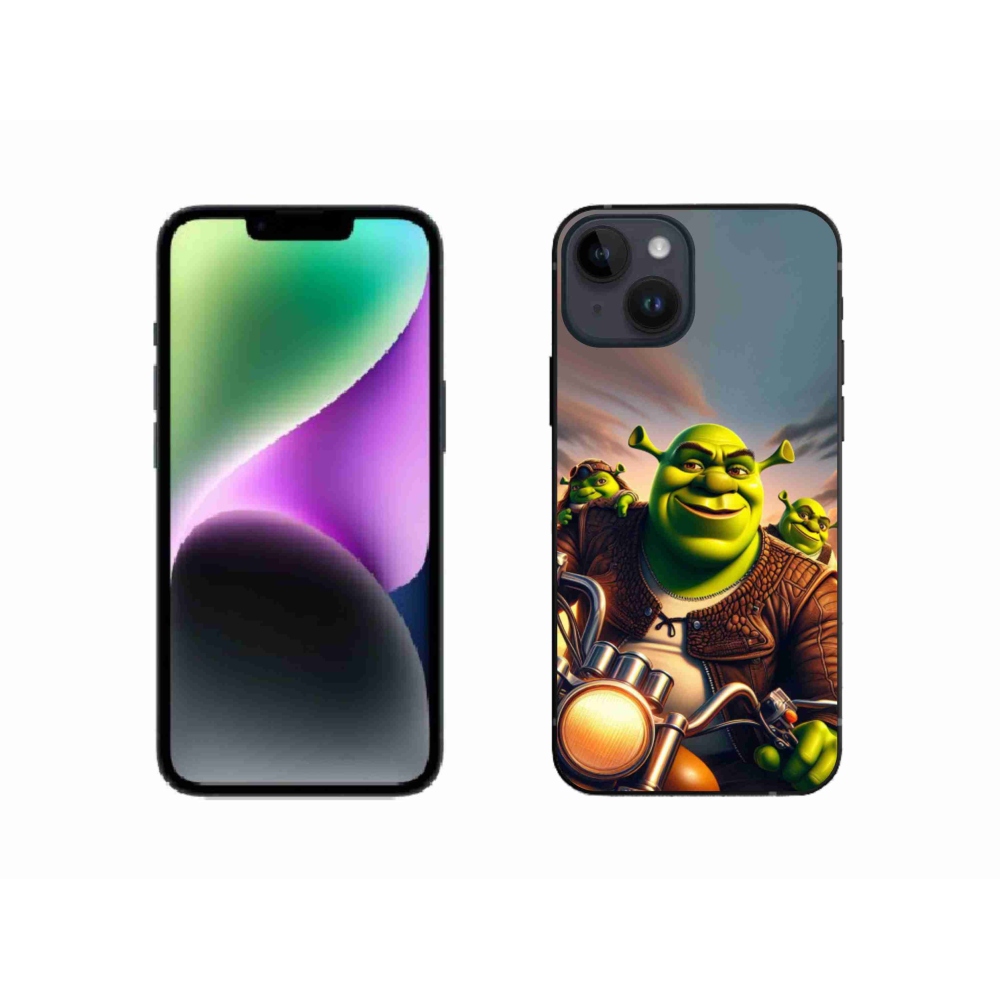 Zselés borítás mmCase iPhone 14 készülékhez - Shrek egy motorkerékpáron