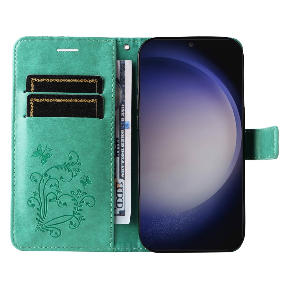 Nagy pillangó könyv tok Samsung Galaxy S25-hez - teal - teal