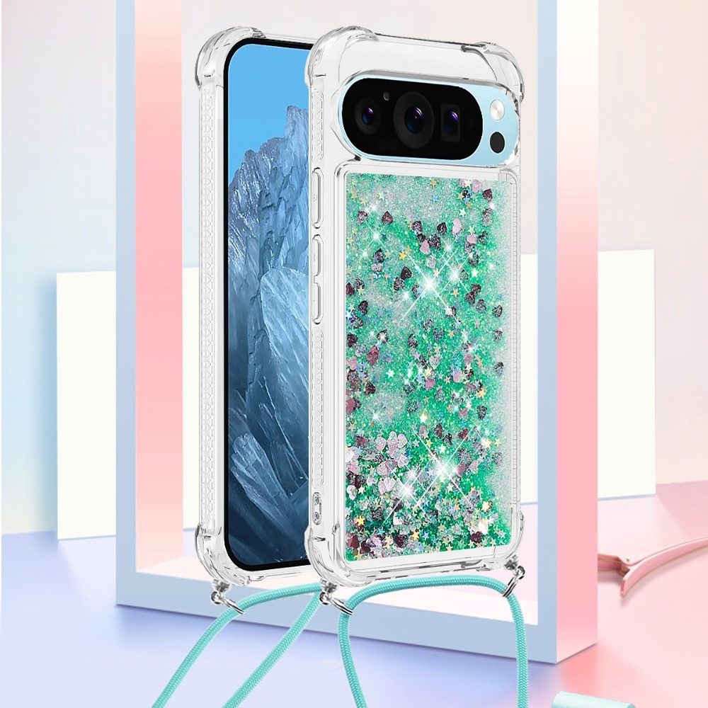 Csillogó homokóra zselés tok zsinórral a Google Pixel 10 Pro/Pixel 10 számára - zöld/szív