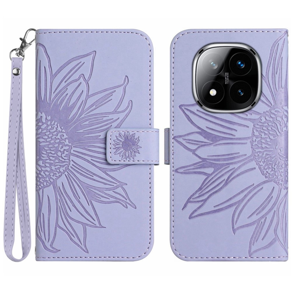 Napraforgó könyv tok Xiaomi Redmi Note 14 Pro-hoz - világos lila