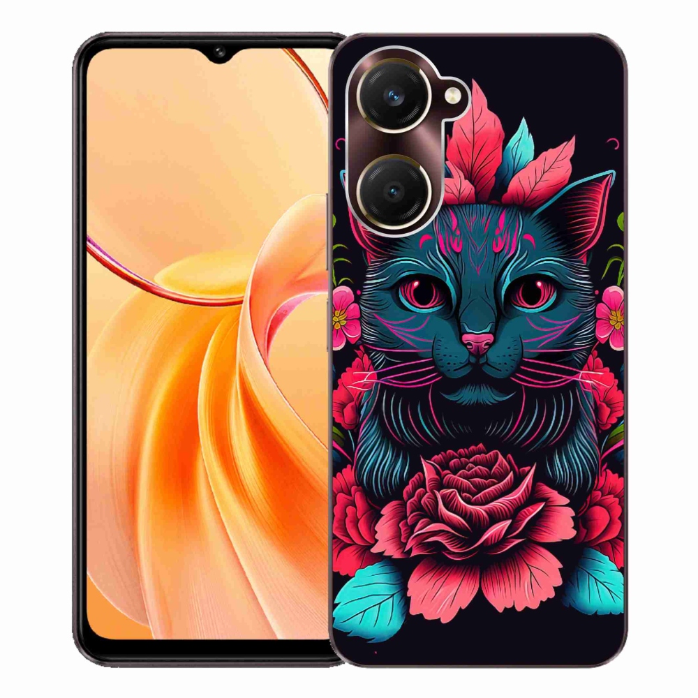 Gél borító mmCase a Vivo Y28s 5G-hez - virágok és macska