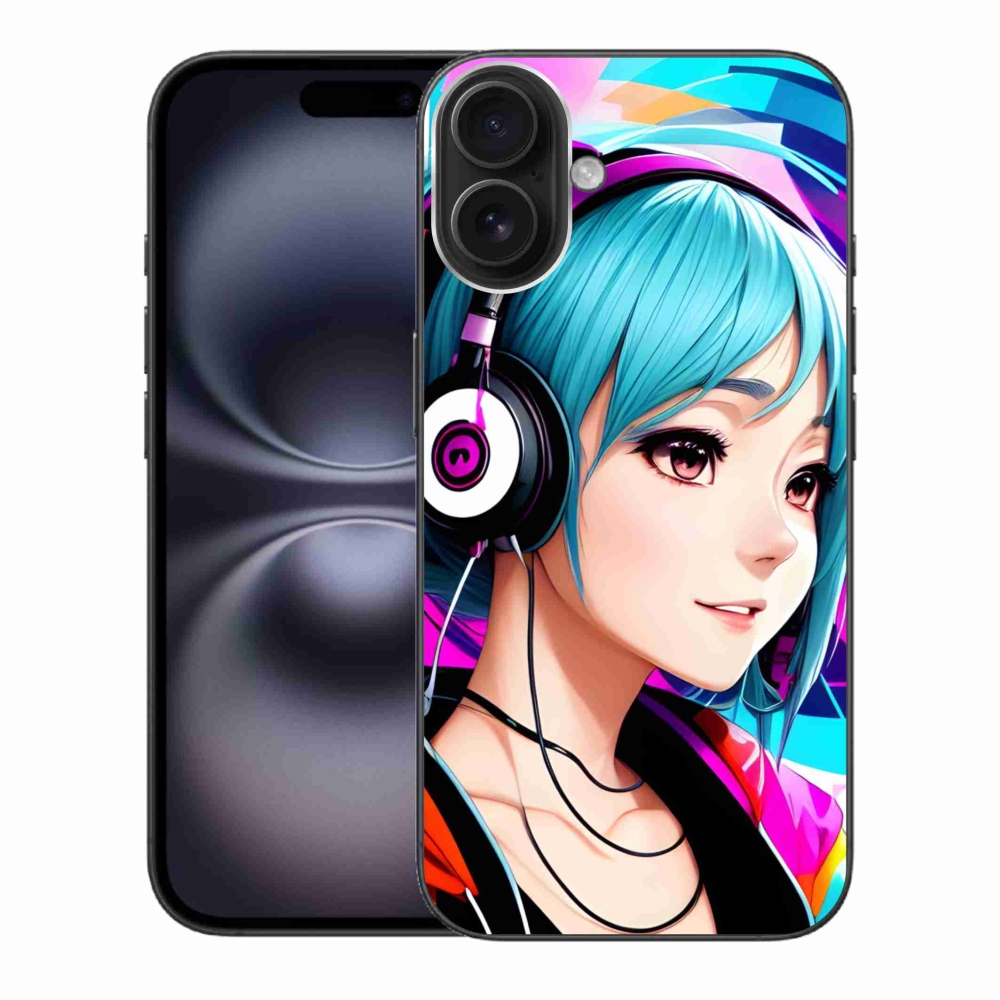 Zselés borítás mmCase iPhone 16 Plus készülékhez - lány fejhallgatóval