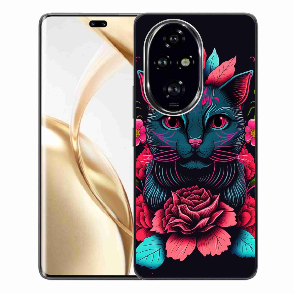 Zselés borító mmCase a Honor 200 Pro 5G számára - virágok és macska